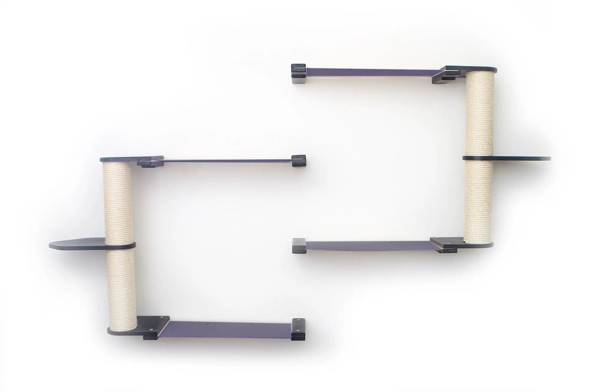 The Catacombs Cat Tree Scratching Post System; purple platforms with beige sisal posts.