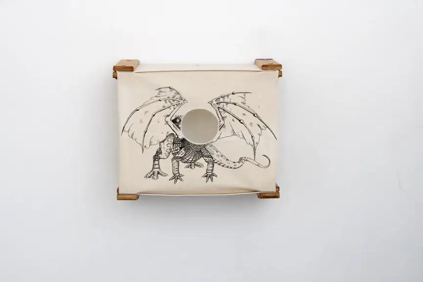 Enclosed Cat Bed Cat Wall Cubby by Catastrophic Creations; cream fabric with dragon print and wooden supports