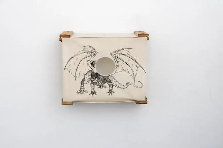 Enclosed Cat Bed Cat Wall Cubby by Catastrophic Creations; cream fabric with dragon print and wooden supports