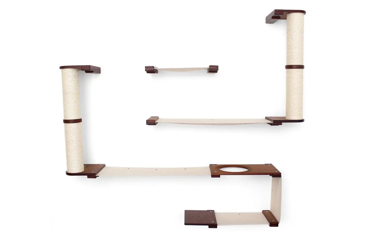The Roman wall-mounted cat condo by Catastrophic Creations with rope-wrapped posts and beige shelves.