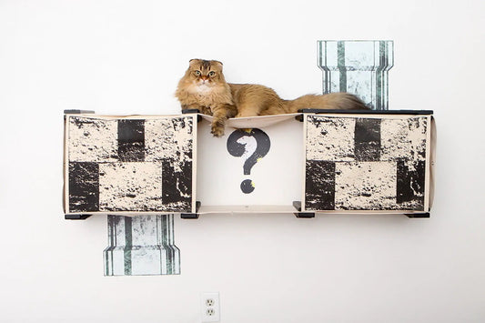 Super Mario Cat Tree cat condo by Catastrophic Creations, cat lounging on a hammock between patterned storage cubes.