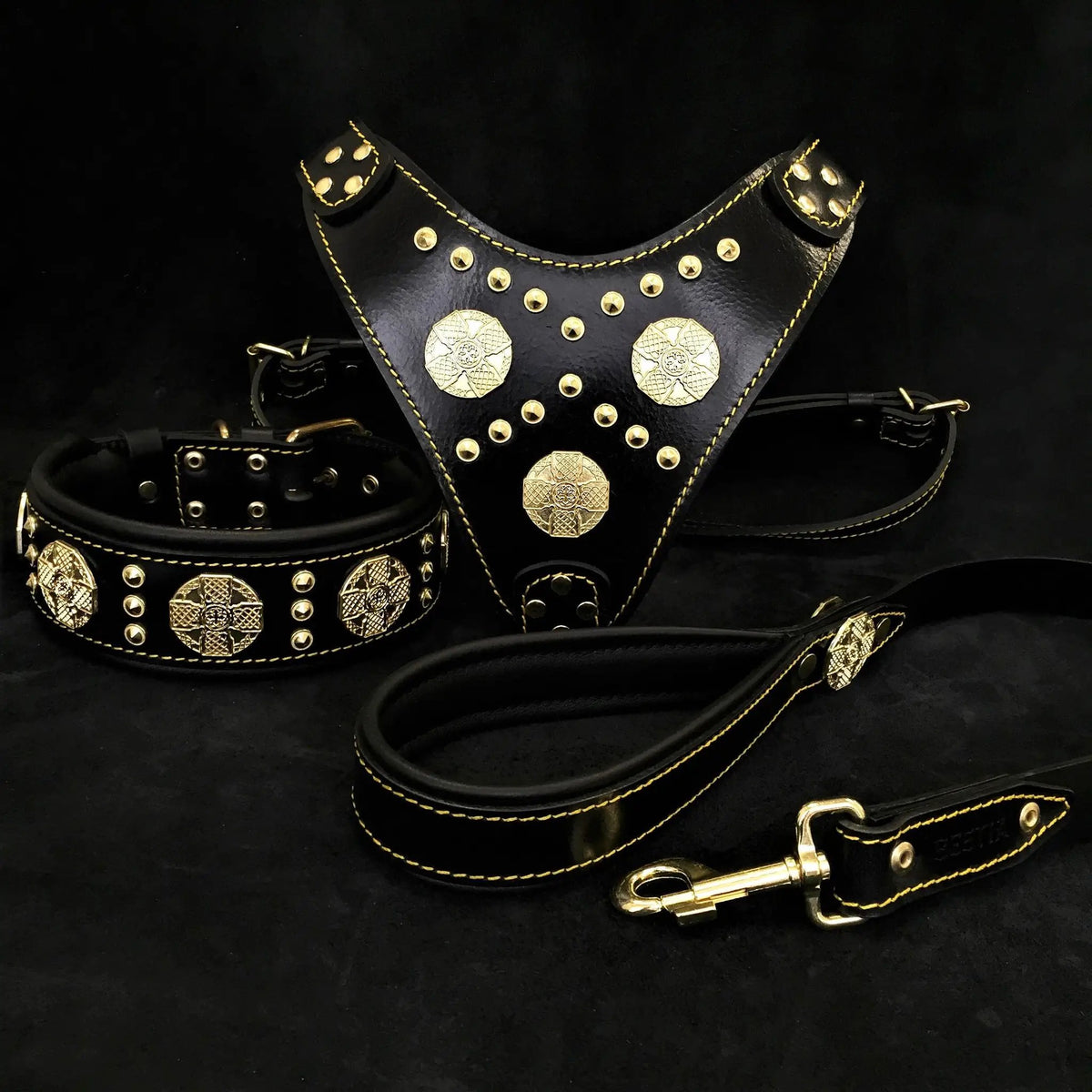 Bestia Maximus black and gold leather dog harness, collar and leash set