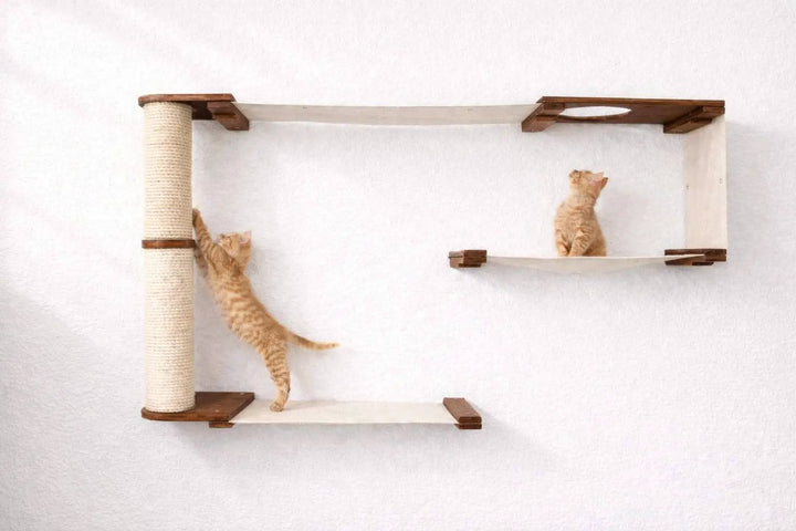 Cat Maze Wall 3-Tier Cat Tree condo in beige wood with a sisal-wrapped column and two orange kittens.