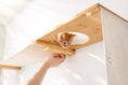 Load image into Gallery viewer, Cat Maze Wall 3-Tier Cat Tree by Catastrophic Creations; natural wood with round tunnel and orange kitten
