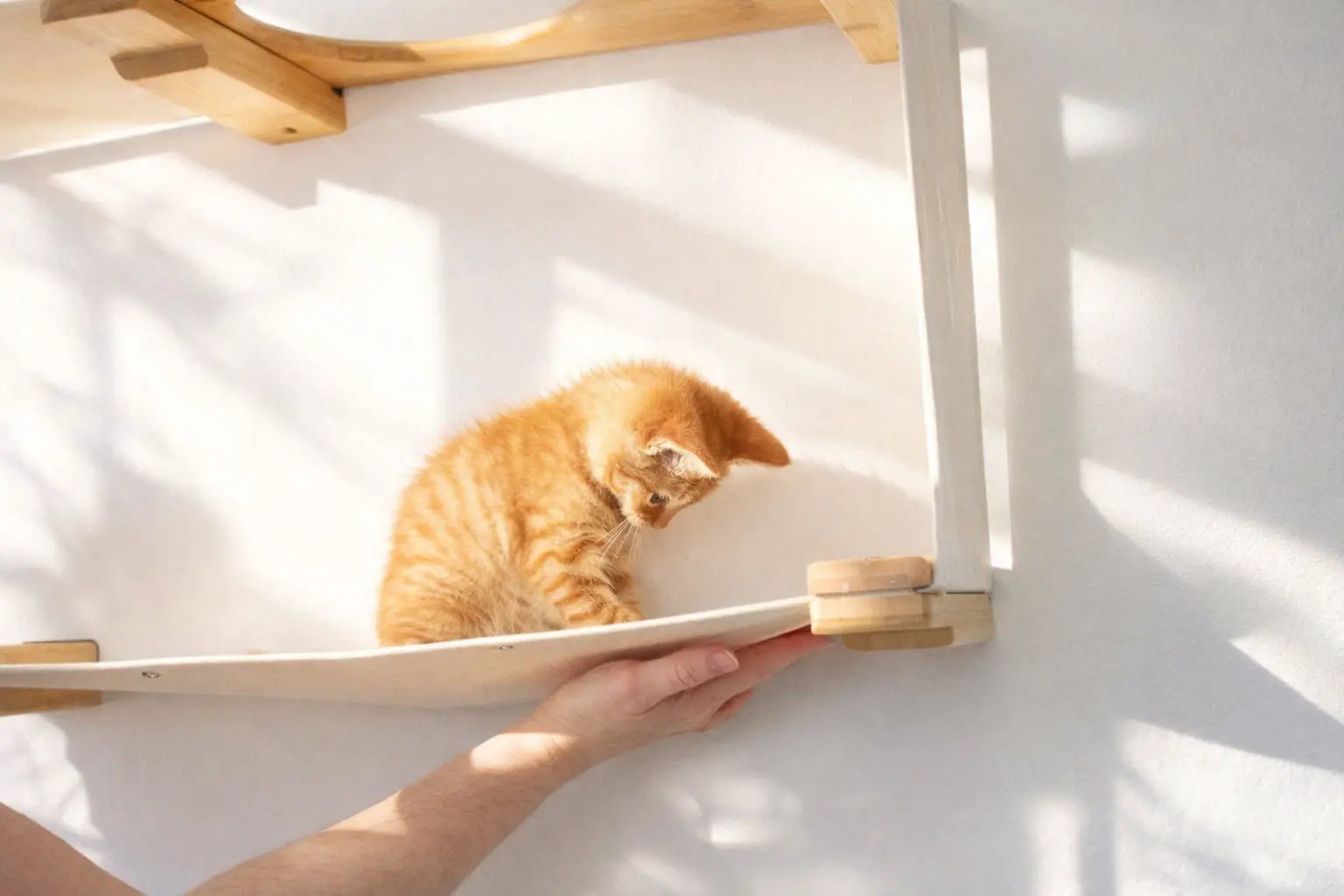 Cat Maze Wall 3-Tier Cat Tree cat condo in natural wood with an orange kitten perched on the shelf.
