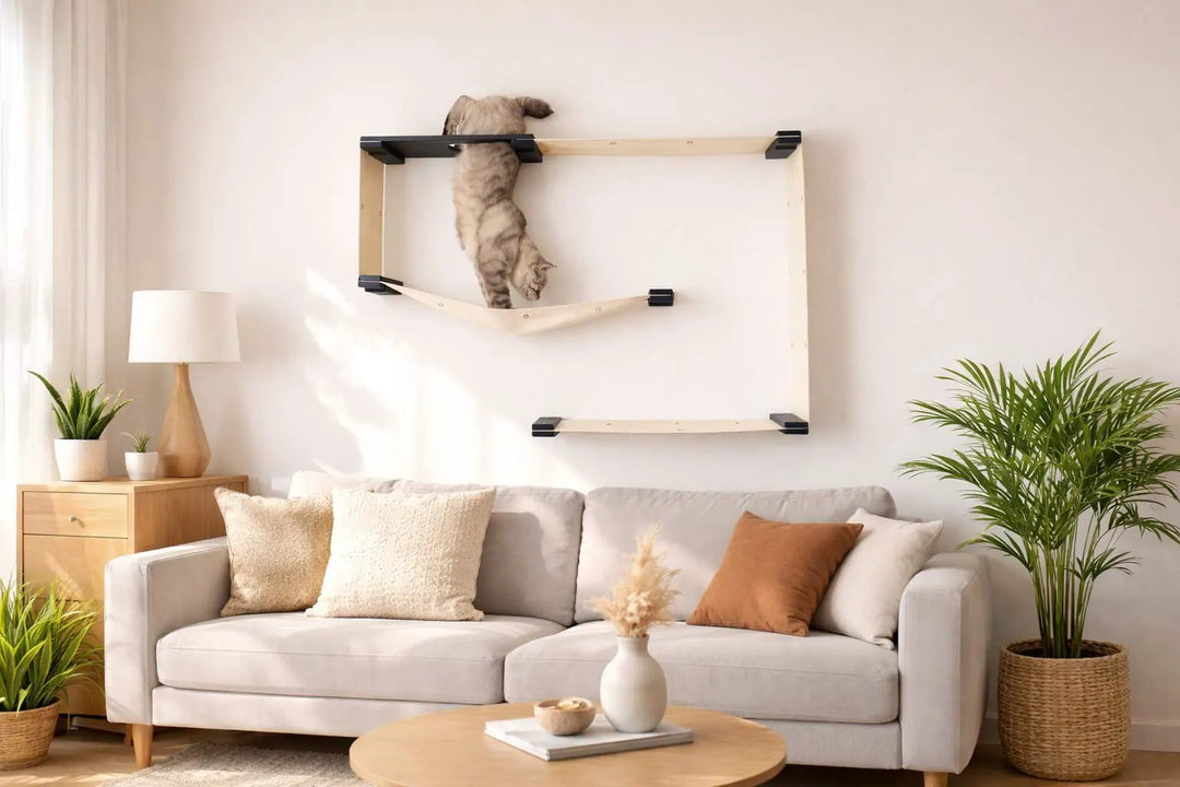 Catastrophic Creations Cat Maze Wall - 3 Tier Cat Tree, natural wood frame with beige hammock.
