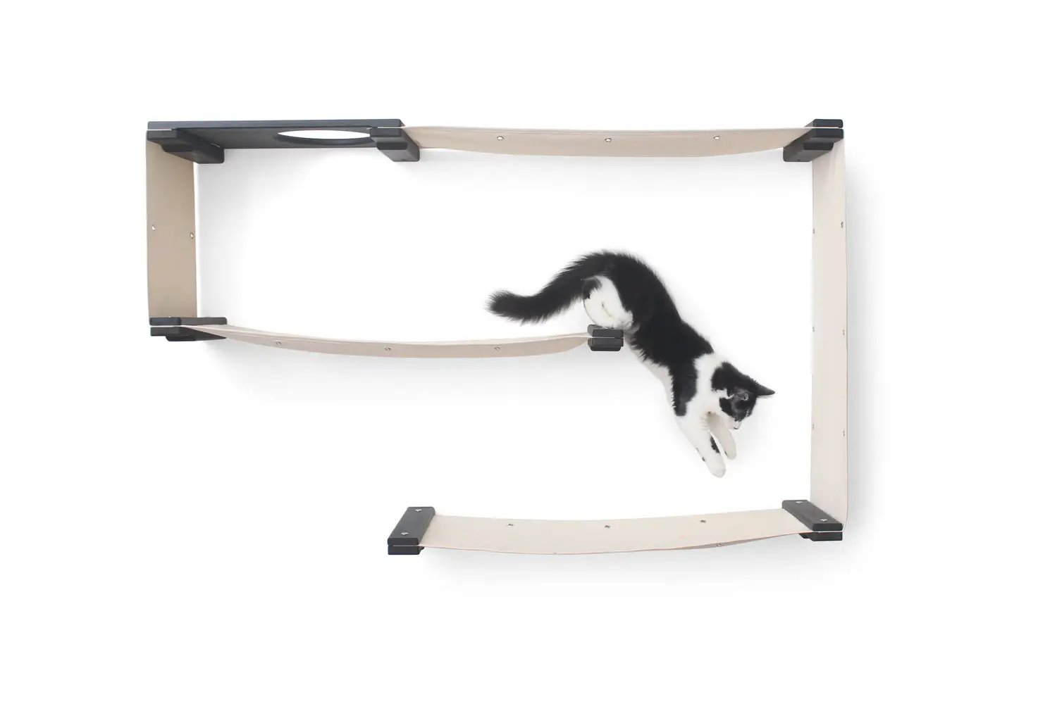 Cat Maze Wall 3-Tier Cat Tree, Catastrophic Creations cat condo with beige fabric ramps and black brackets