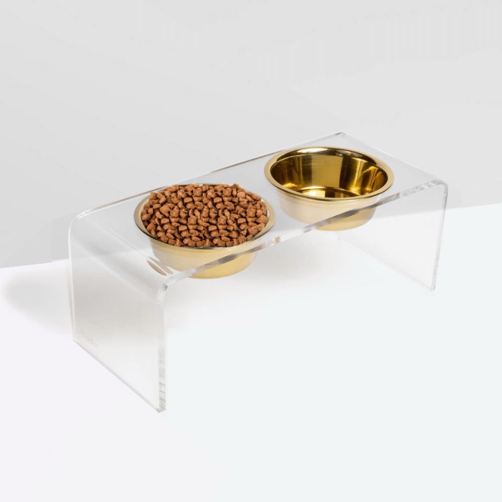 Hiddin Clear Acrylic Double Feeder with Gold Bowls – 7 in High