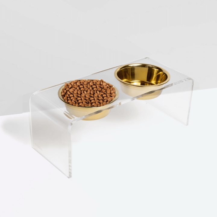 Hiddin Clear Acrylic Double Feeder with Gold Bowls – 7 in High