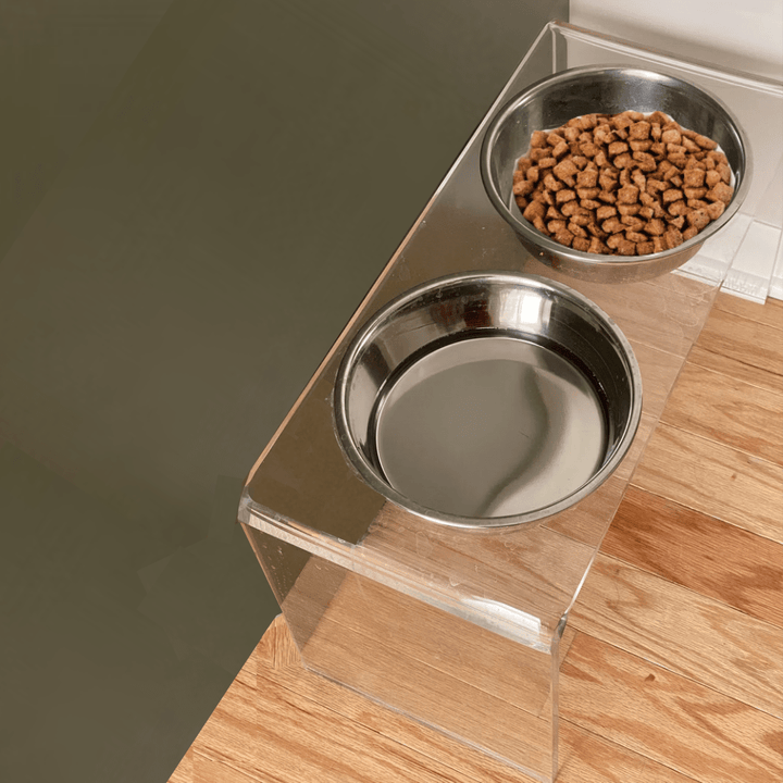 Hiddin Clear Acrylic Double Feeder with Silver Bowls – 7 in High