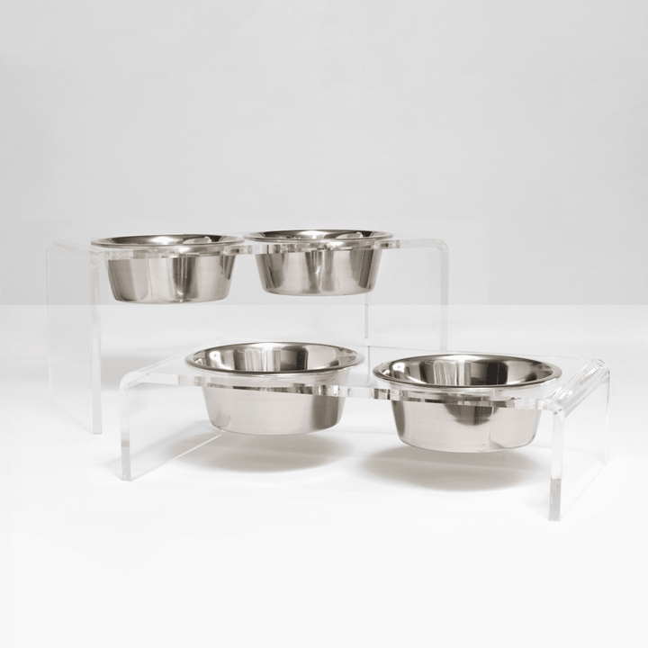 Hiddin Clear Acrylic Double Feeder with Silver Bowls – 7 in High