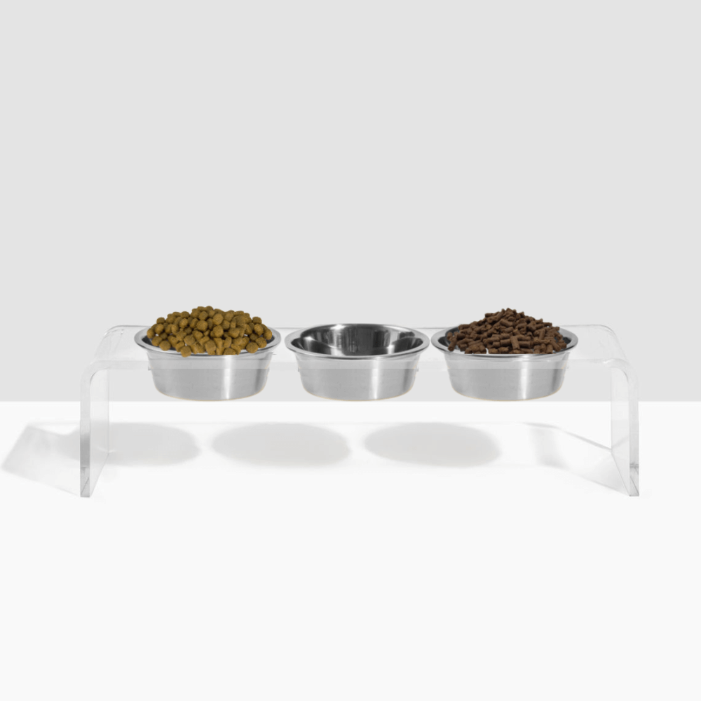 Hiddin Clear Acrylic Triple Feeder with Silver Bowls – 7 in High