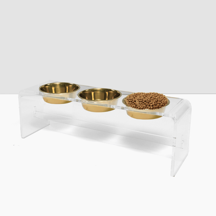 Hiddin Clear Acrylic Triple Feeder with Gold Bowls – 12 in High