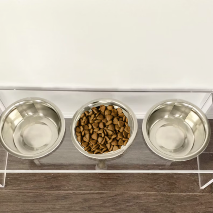 Hiddin Clear Acrylic Triple Feeder with Silver Bowls – 7 in High