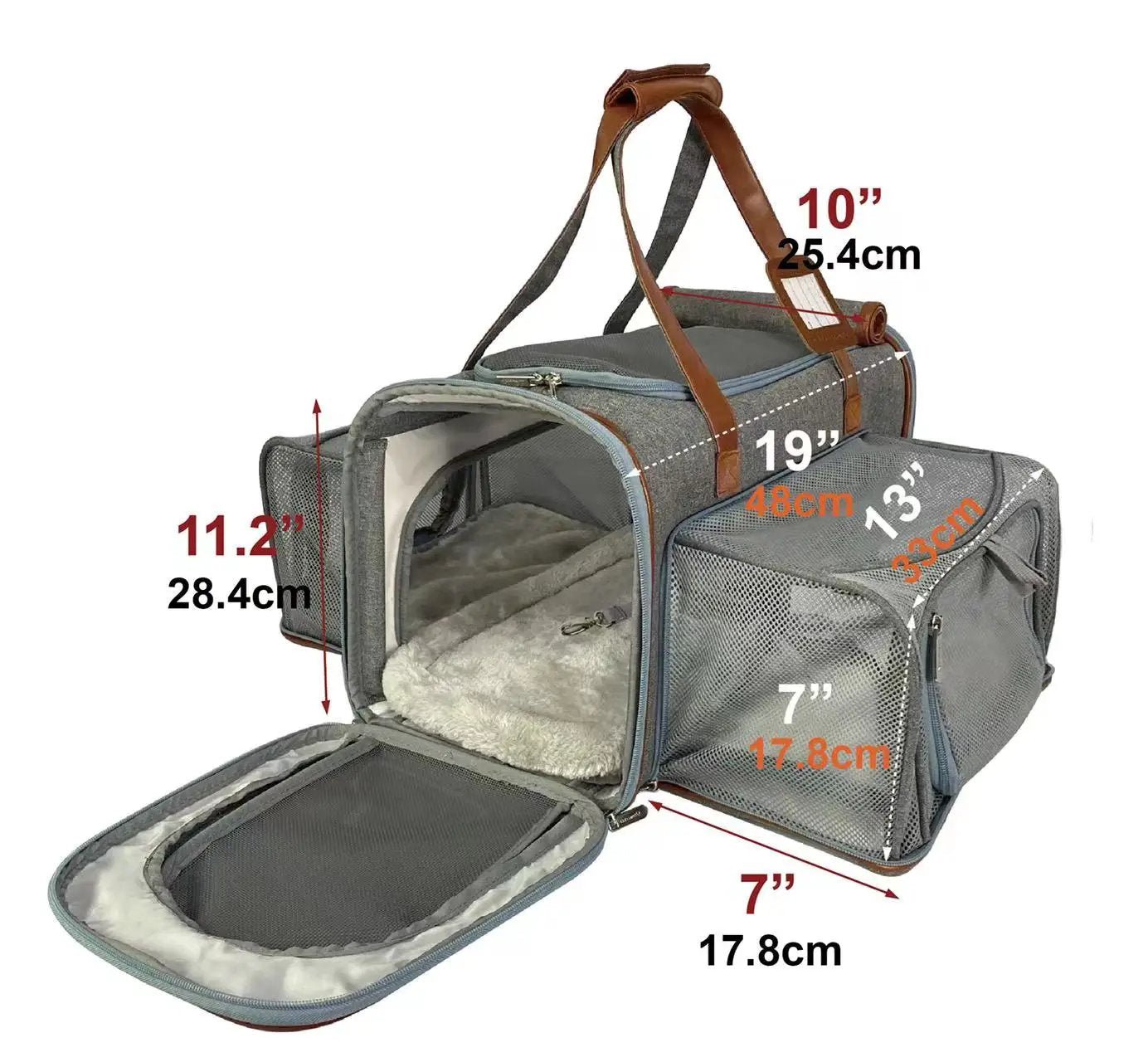 Mr. Peanut's Gold Series Big Apple Double Expandable Pet Carrier, air travel approved, gray with brown straps