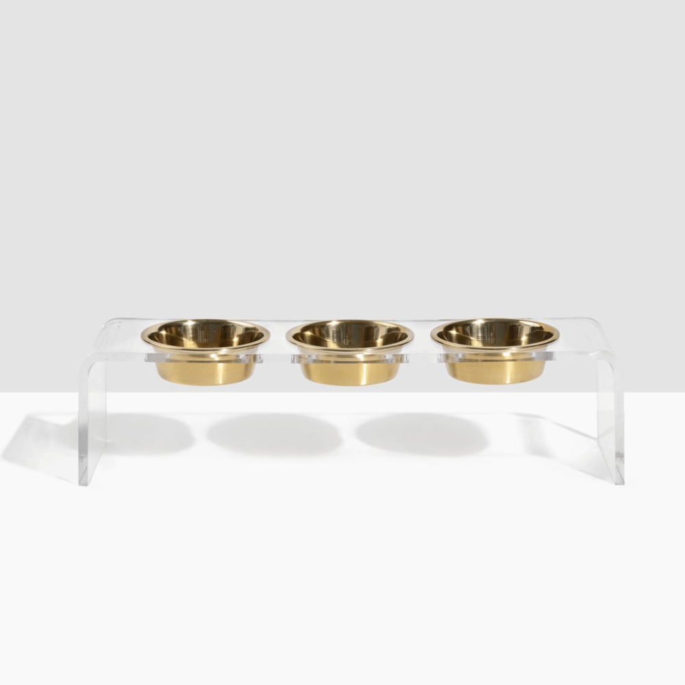 Hiddin Clear Acrylic Triple Feeder with Gold Bowls – 7 in High
