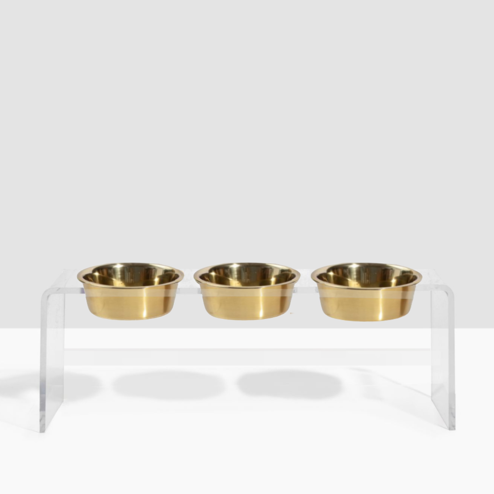 Hiddin Clear Acrylic Triple Feeder with Gold Bowls – 12 in High