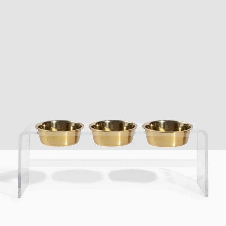 Hiddin Clear Acrylic Triple Feeder with Gold Bowls – 12 in High