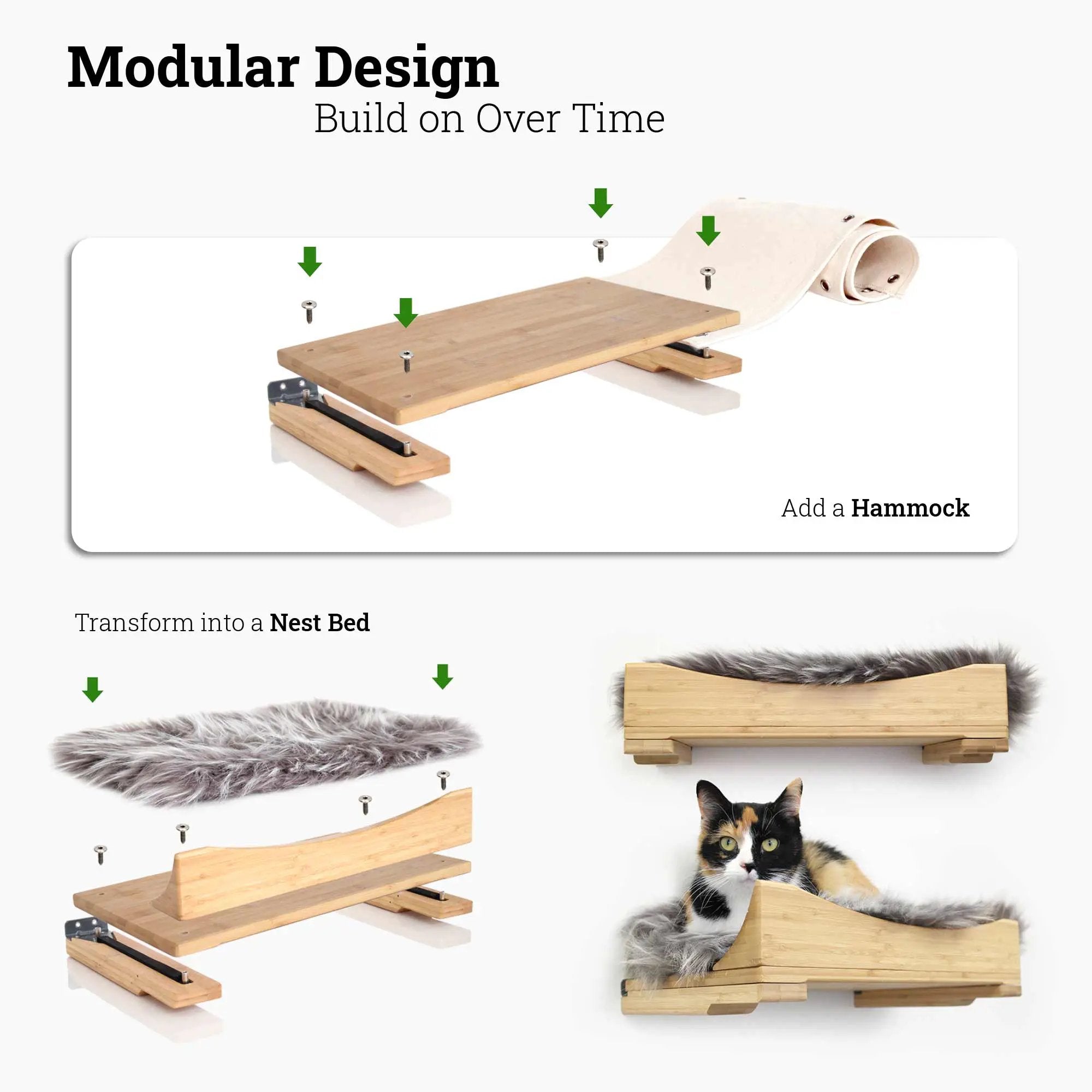 Wall Mounted Cat Shelf by Catastrophic Creations; wooden cat perch with beige hammock.