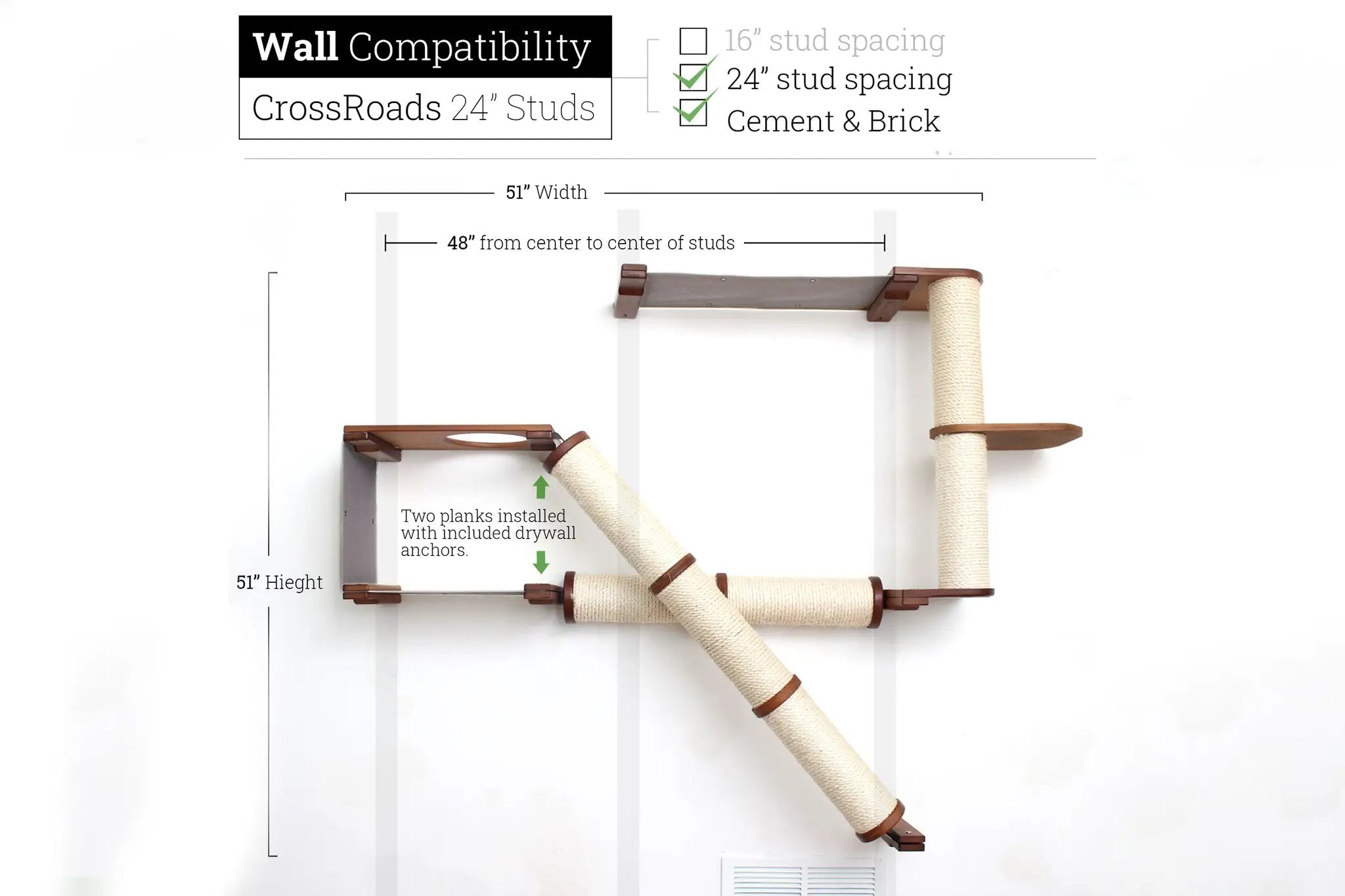 The Crossroads Cat Wall Scratcher by Catastrophic Creations; wood frame with sisal rope ramp