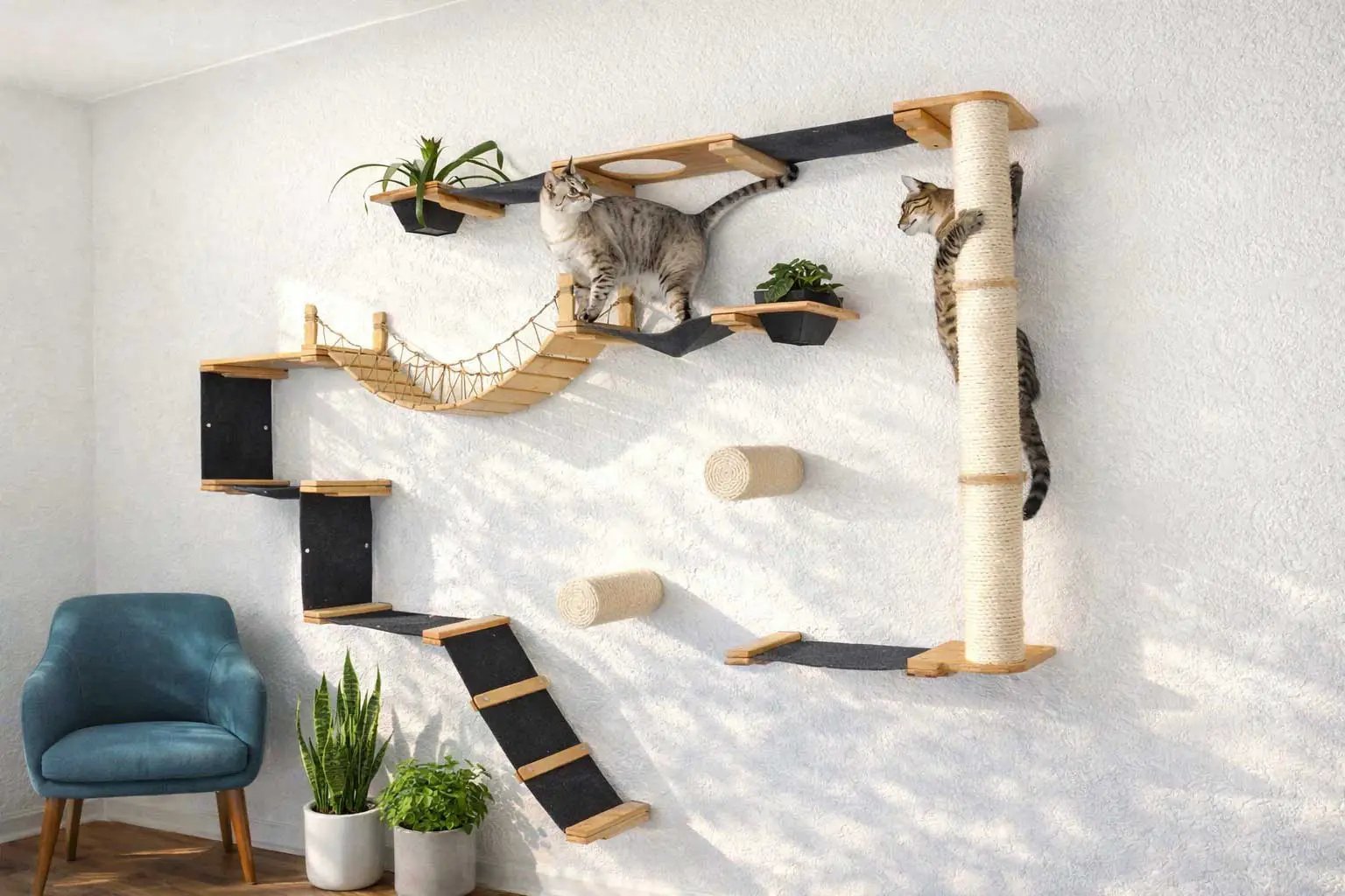 Cat condo: The Juggernaut wall-mounted cat playground by Catastrophic Creations; wood and rope platforms, two cats.