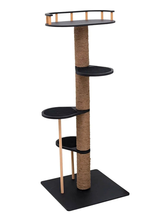 Wooden Cat Tree by Enjoy The Wood B2B; black platforms on a sisal-wrapped post, tall cat tower