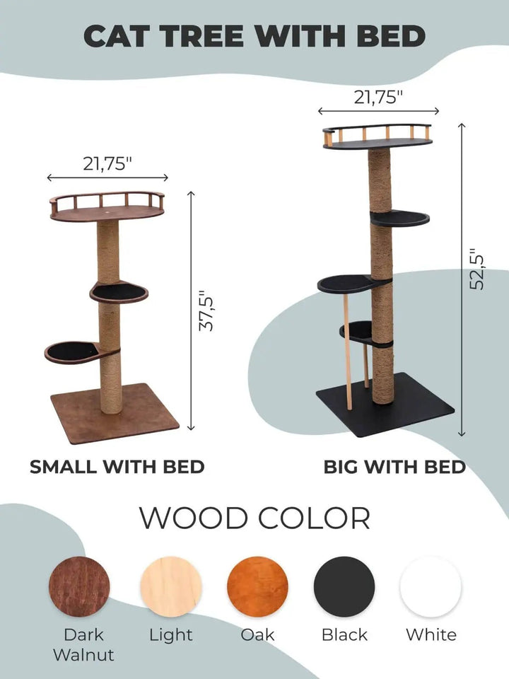 Wooden Cat Tree by Enjoy The Wood B2B; two sizes with beds and wood color swatches