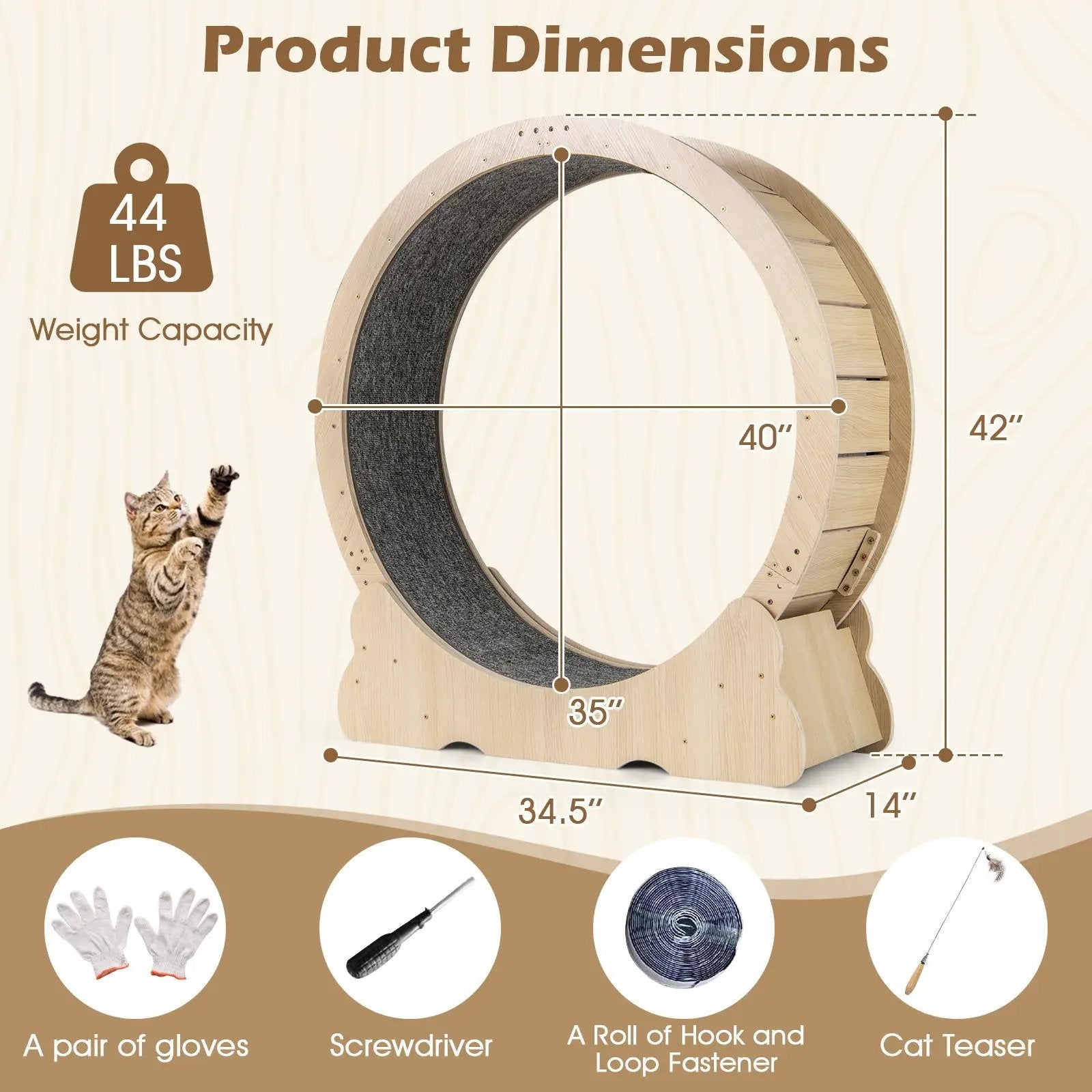 Cat exercise wheel by DirectDeals, 40-inch with lockable mechanism and carpeted interior in a natural wood frame