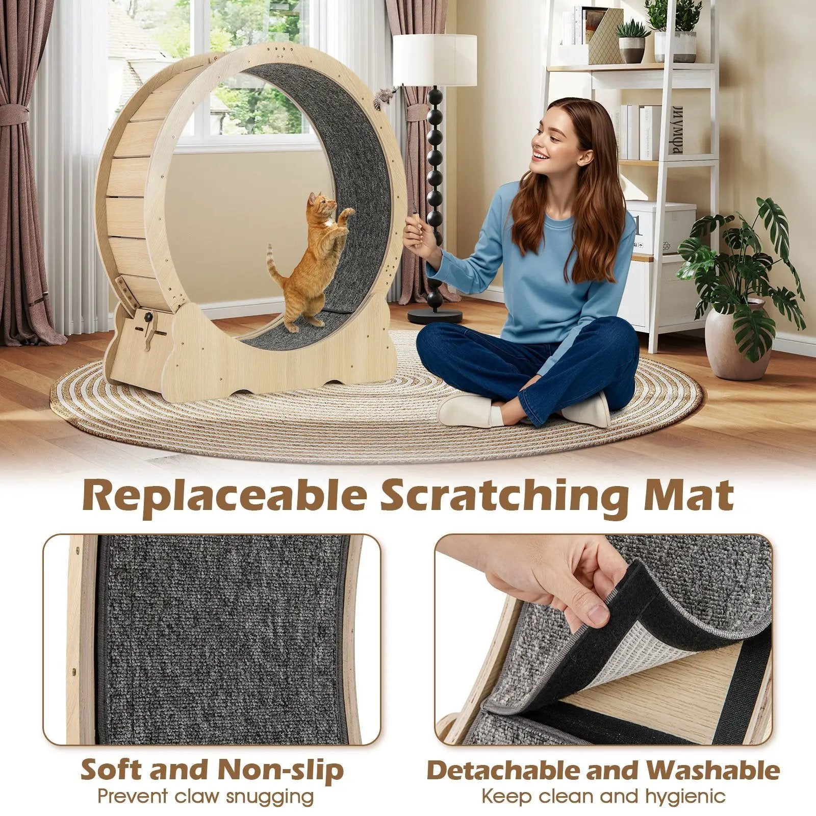 40-inch cat exercise wheel with natural wood frame, gray carpeted interior, and lockable mechanism.