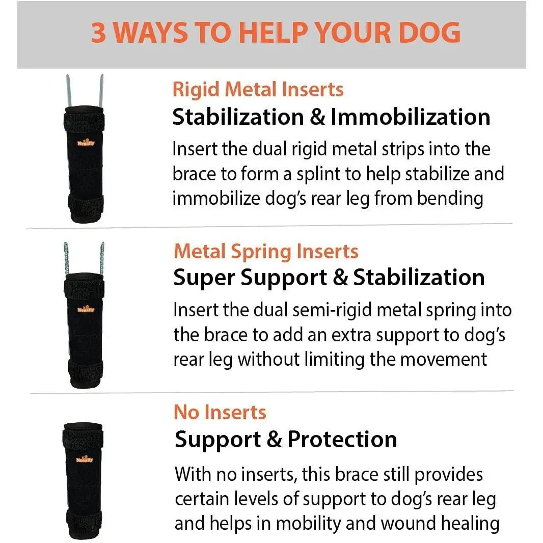 NeoAlly 3-in-1 long rear leg hock brace, black with orange logo and reflective straps; includes rigid or spring inserts.