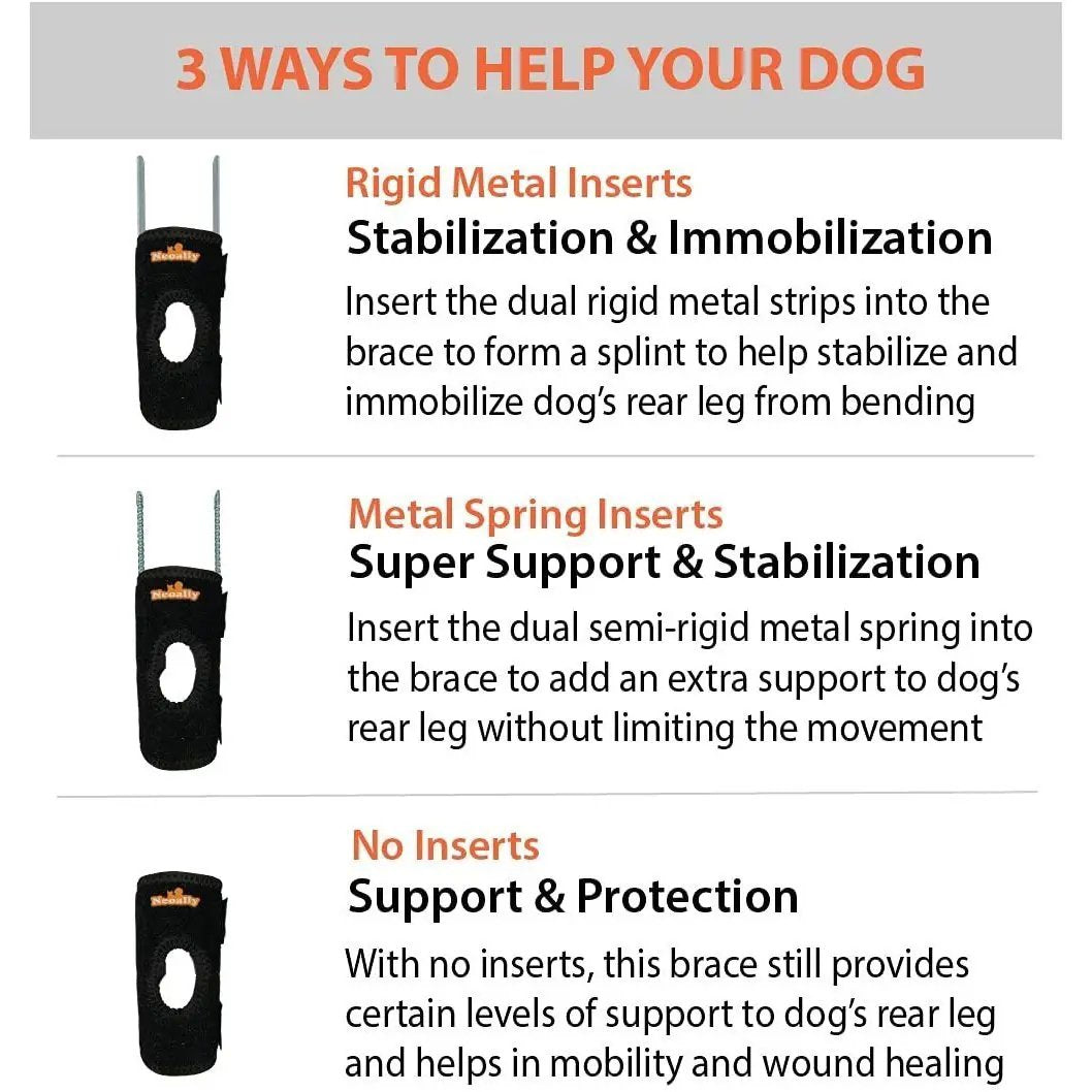 Neoallypets 3-in-1 short rear leg hock brace for small dogs, black with orange logo, pair with rigid and spring inserts