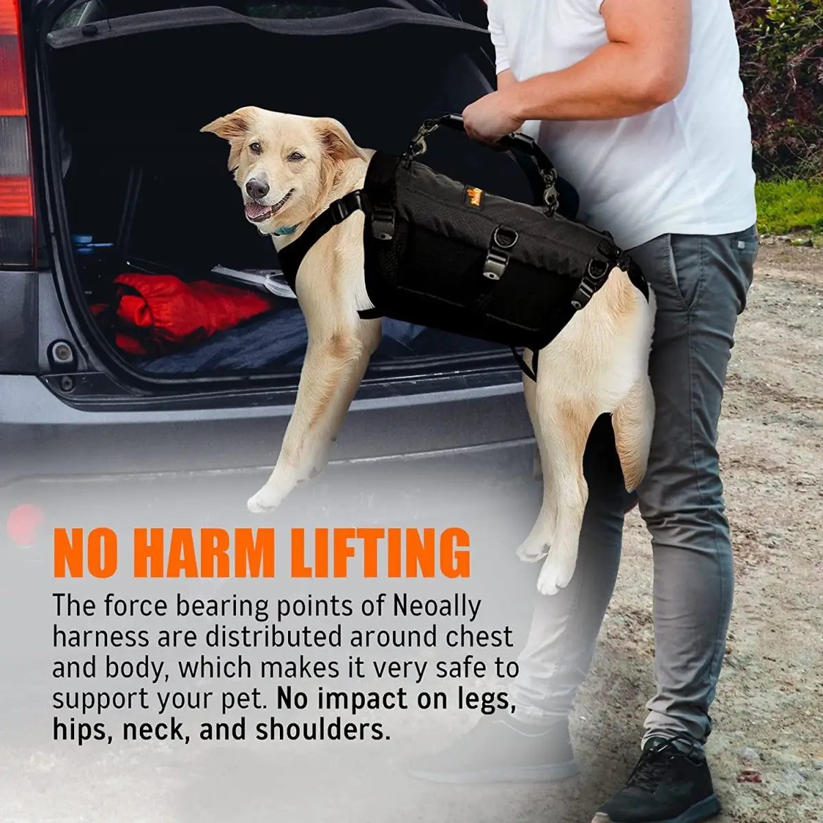 NeoAlly 5-in-1 dog lift harness in black by Neoallypets with multiple handles for full-body support.
