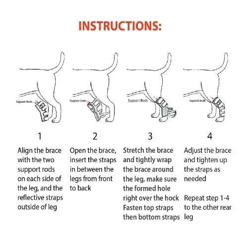 NeoAlly dog rear leg hock brace with metal spring strips, step-by-step application diagram for large dogs