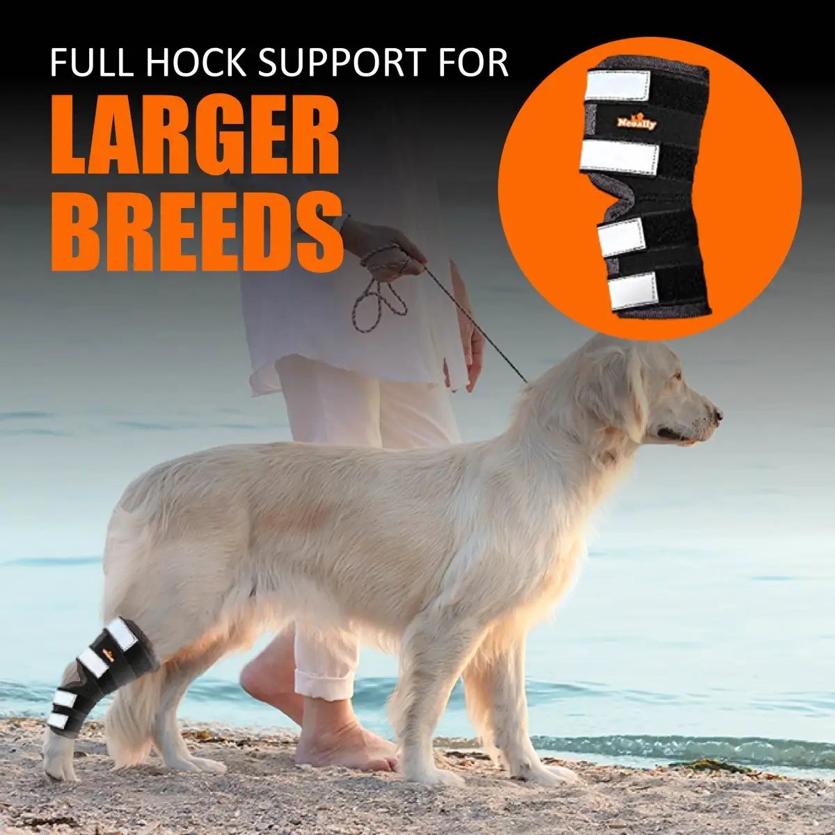 Neoallypets NeoAlly dog rear leg hock brace with reflective straps, black with white straps for large breeds