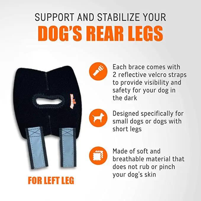 Neoallypets NeoAlly dog rear leg hock brace for left leg with blue straps and reflective Velcro.