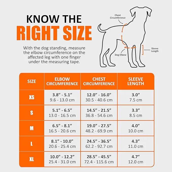 Elbow and shoulder brace by Neoallypets for dogs and cats; size chart shows XS–XL elbow, chest, and sleeve measurements.