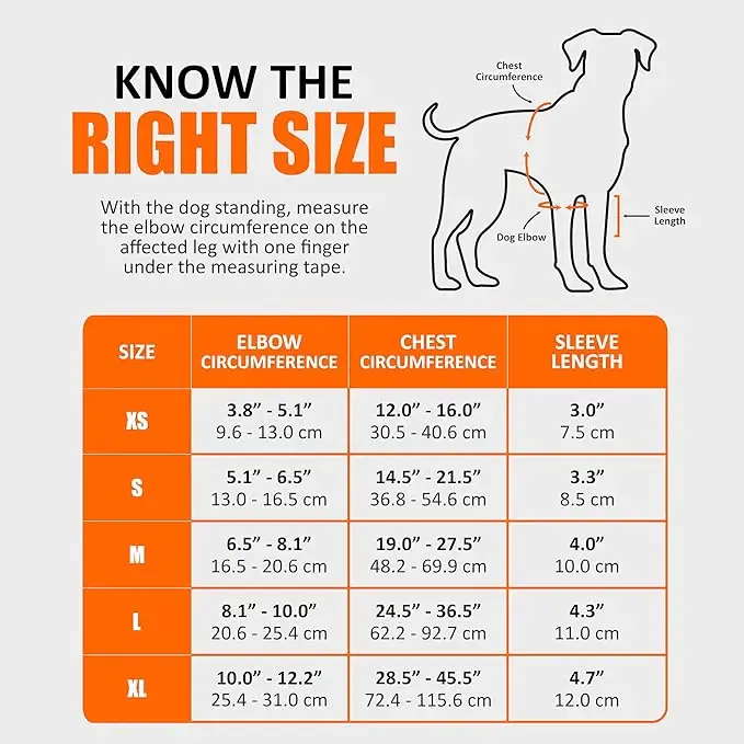 NeoAlly elbow and shoulder brace for dogs and cats with spring inserts, shown with a size chart (XS–XL).