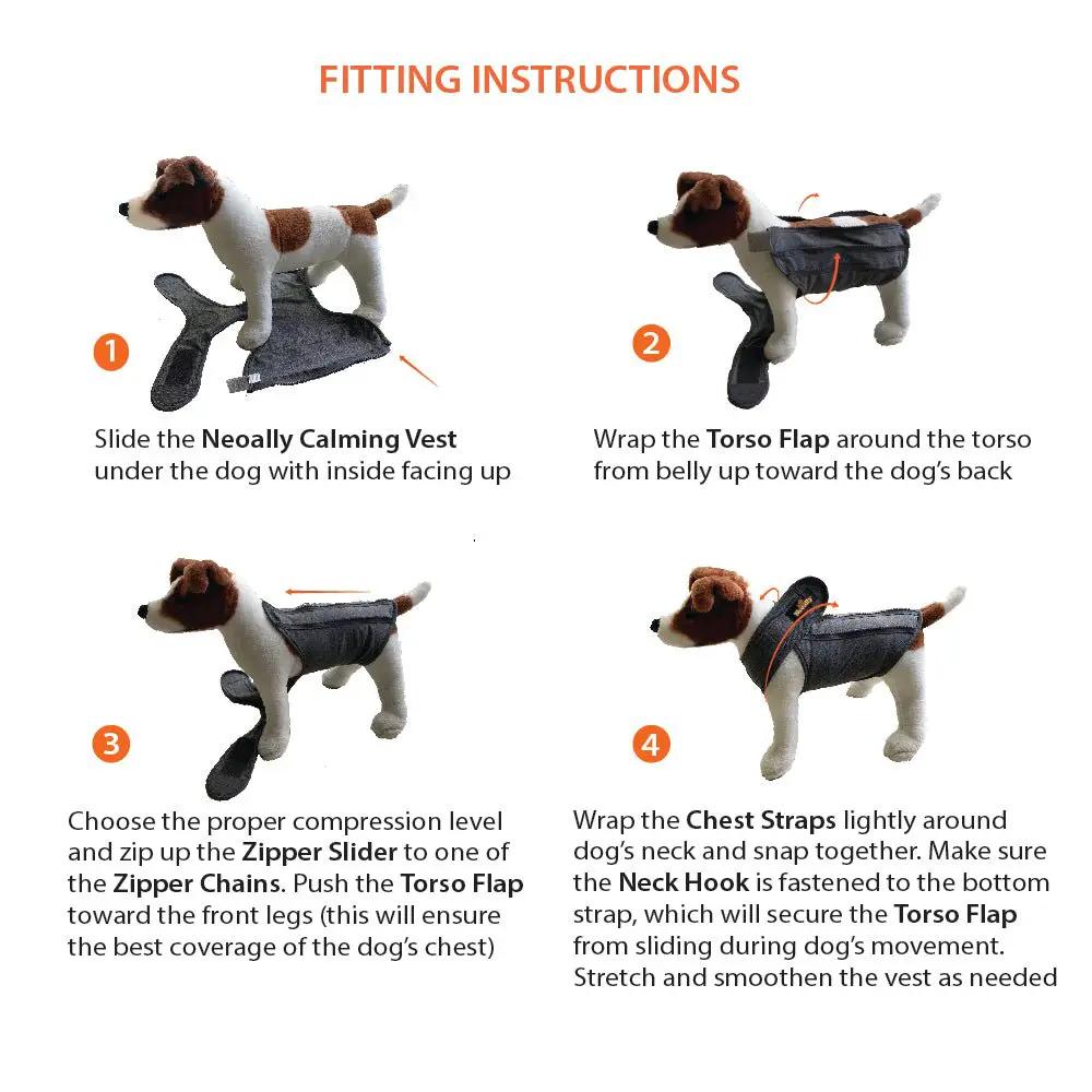 Neoallypets NeoAlly Upgraded Dog Surgical Recovery Vest; four-step fitting guide shown on a plush gray dog.