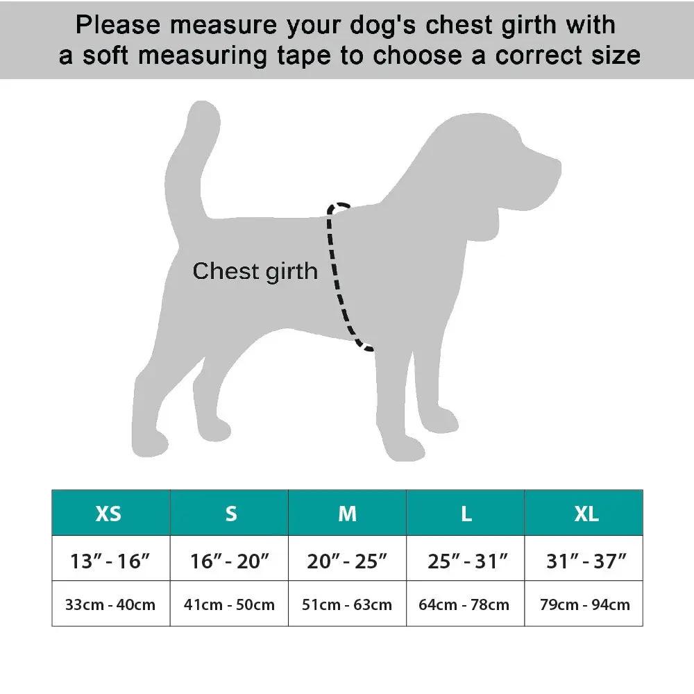 NeoAlly Upgraded Dog Surgical Recovery Vest by Neoallypets; chest girth measurement guide and XS-XL size chart
