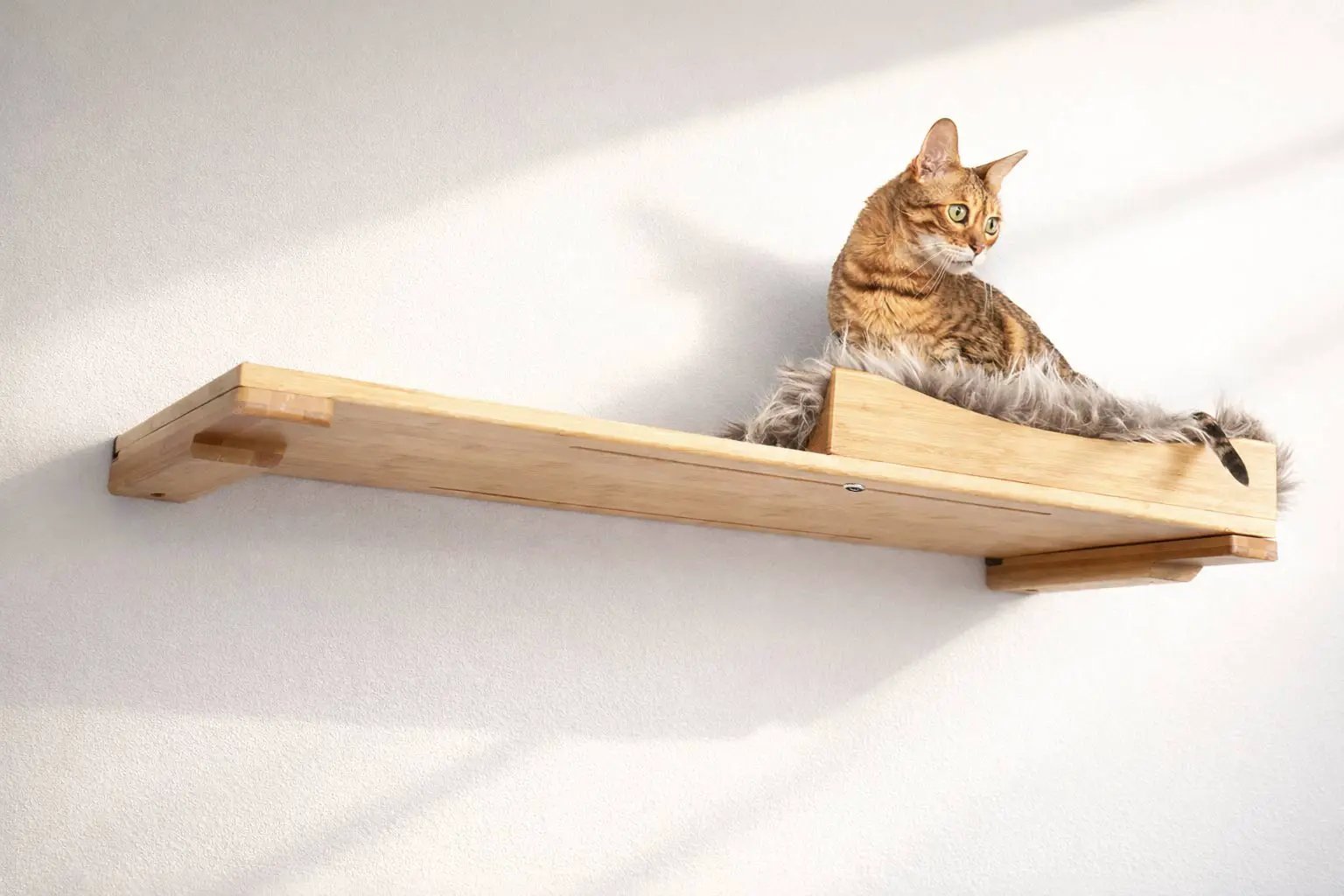 The Cat Nest Bed by Catastrophic Creations; wooden cat shelf with faux fur liner and a perched cat.