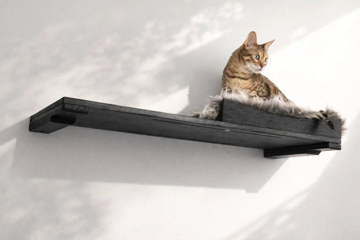 Cat Nest Bed on a dark wooden cat shelf with fluffy faux-fur lining; cat lounging.