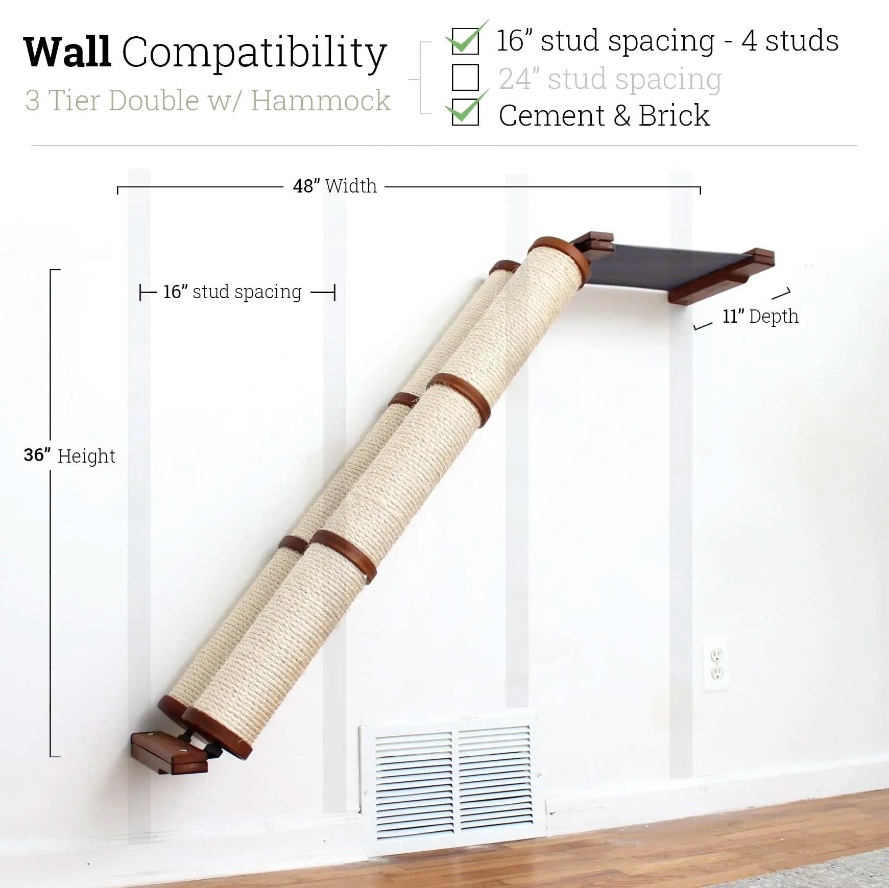 Slanted Cat Scratcher for Wall with beige rope-wrapped tubes and brown wood ends
