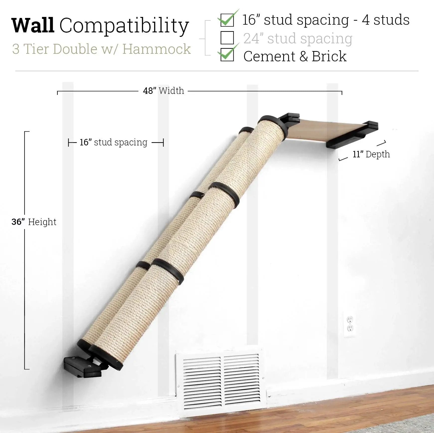 Slanted Cat Scratcher for Wall by Catastrophic Creations; wall-mounted with two sisal tubes and tan platform.