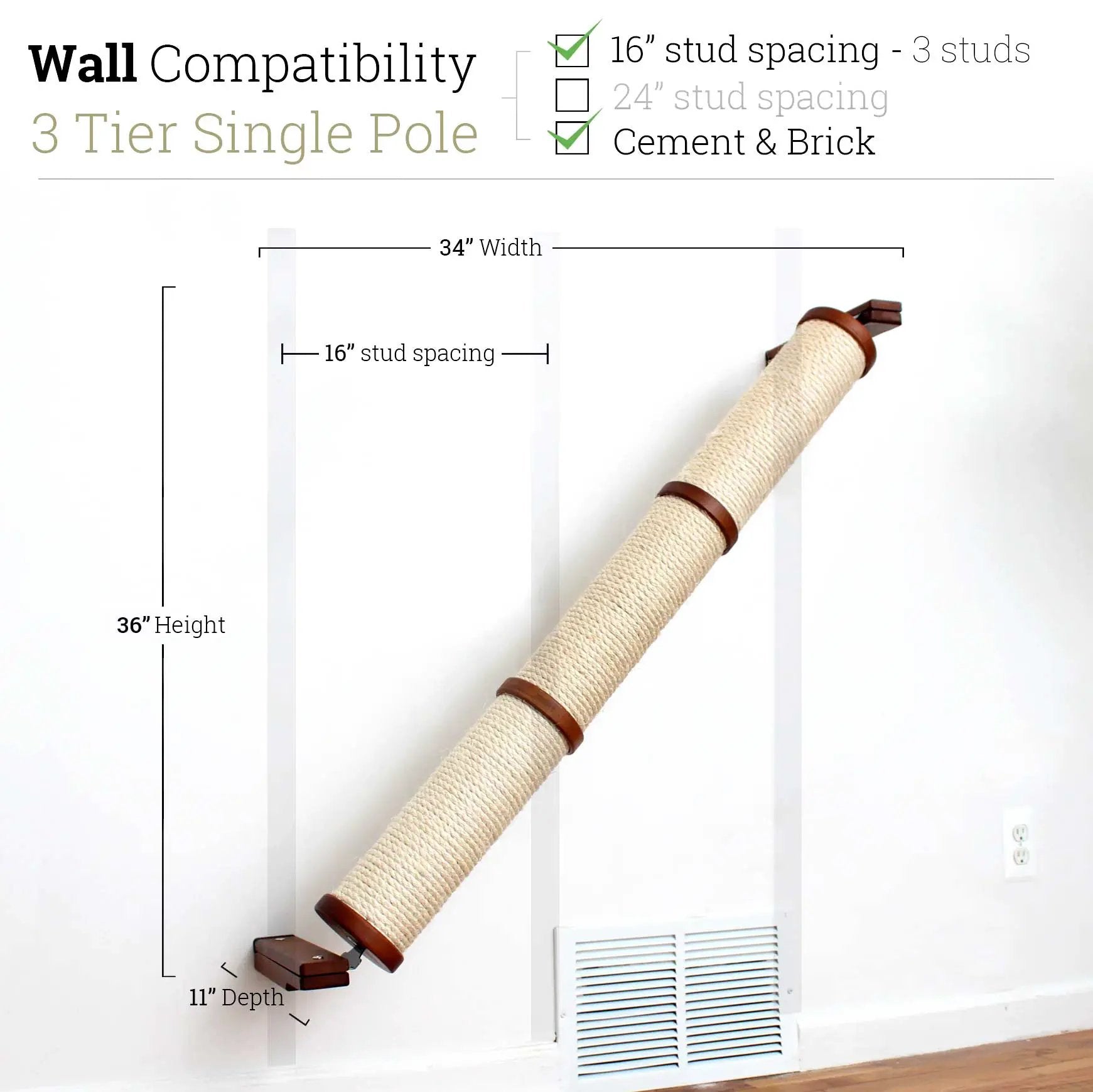 Slanted Cat Scratcher for Wall with beige sisal wrap and brown end caps, wall-mounted.
