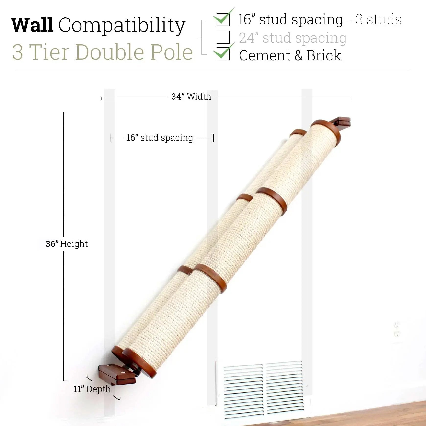 Slanted Cat Scratcher for Wall by Catastrophic Creations, beige sisal rope, 3-tier cat steps