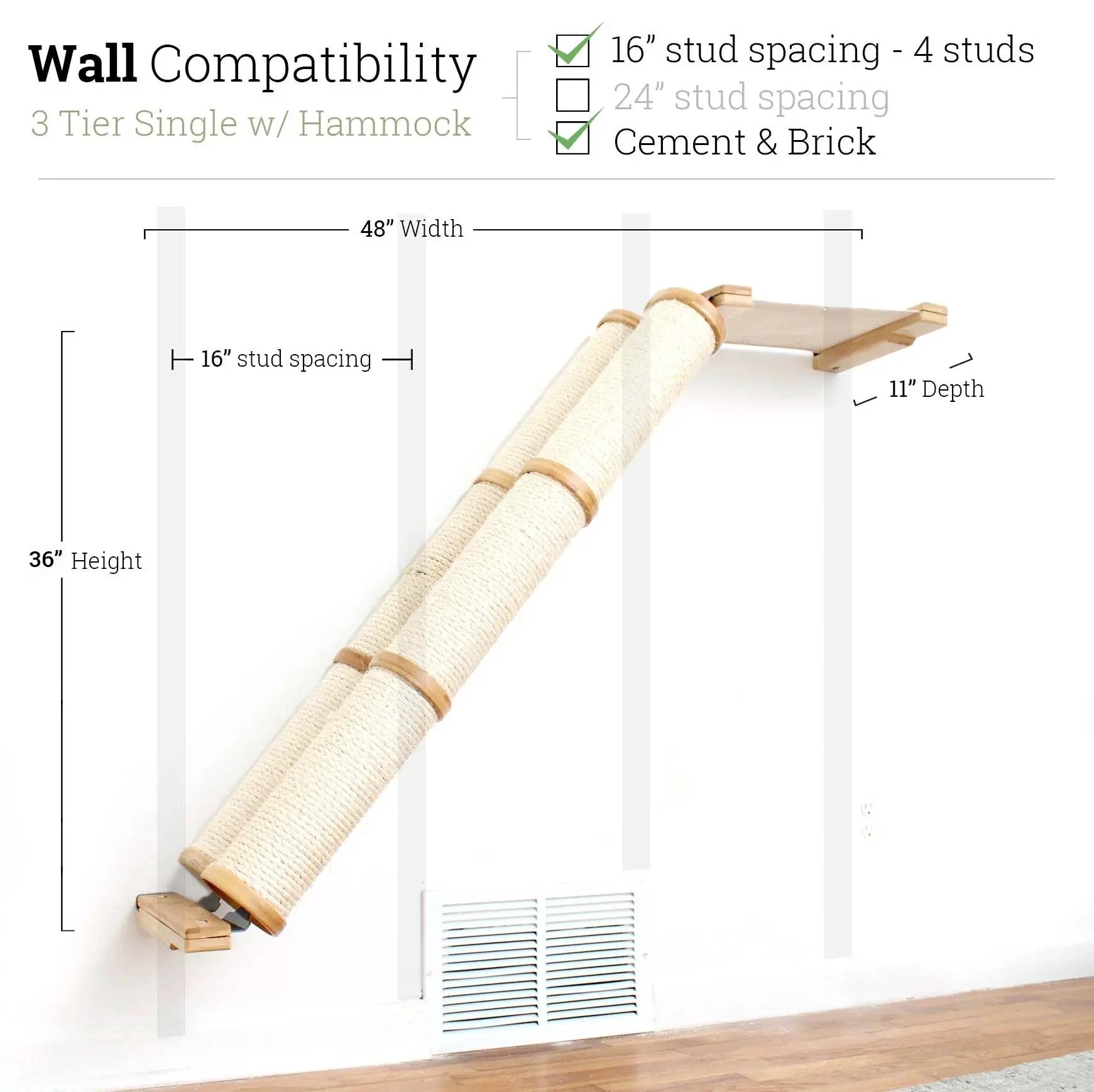 Slanted Cat Scratcher for Wall; angled wall-mount scratcher with 3 sisal-wrapped tubes.