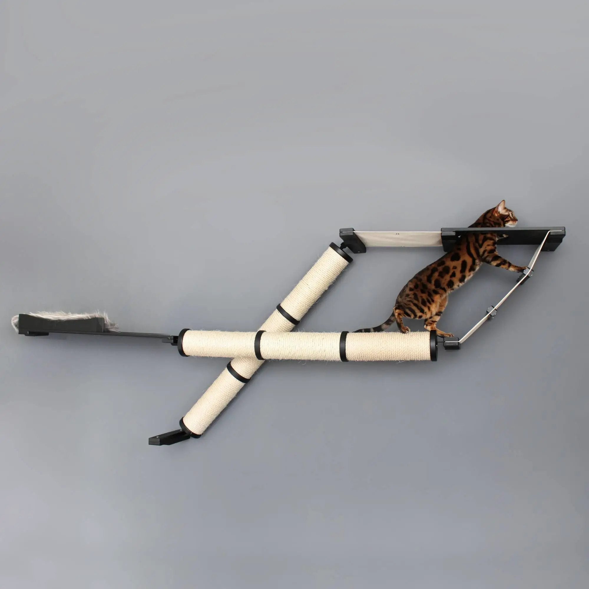 The Plateau cat scratcher bed set with beige sisal tubes on a wall-mounted cat tree by Catastrophic Creations.