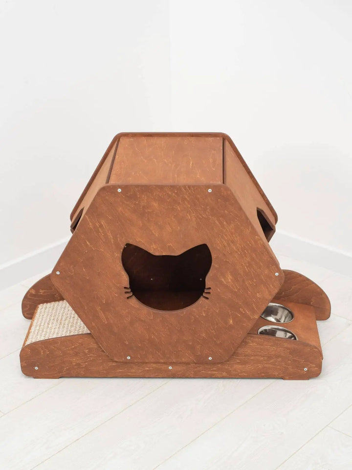 Small Cat House, wooden brown cat condo with cat-face entry.