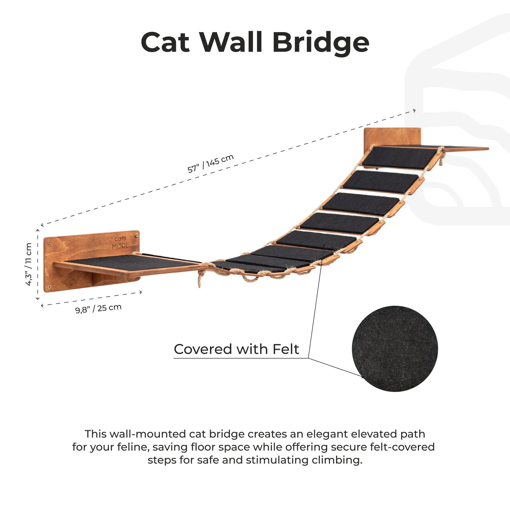 Enjoy The Wood Cat Rope Bridge Oak 48 Inch Wall Playpath With Felt Stairs Eco Friendly Climber For Pets by Enjoy The Wood