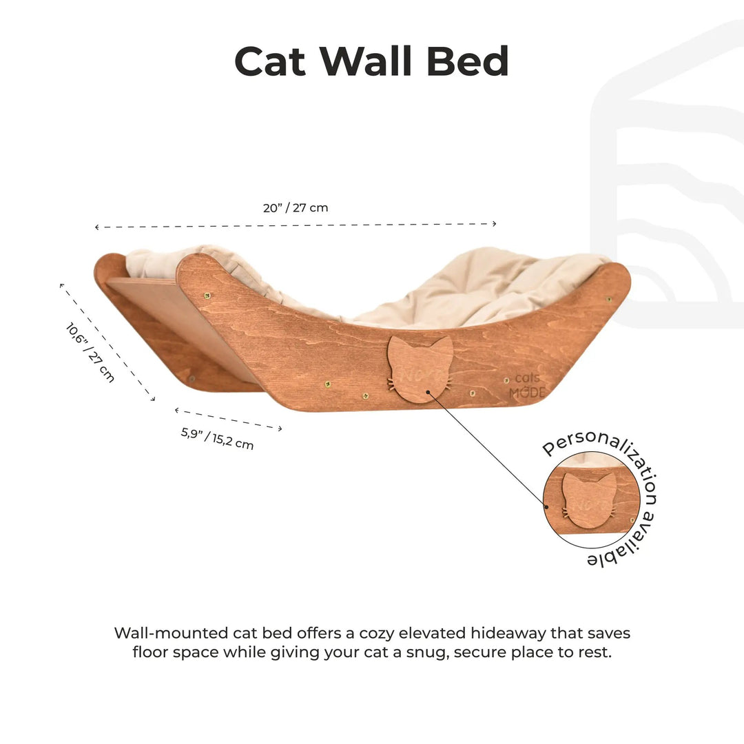 Floating Cat Shelf Perch Oak cat bed by Enjoy The Wood B2B, solid oak with beige cushion